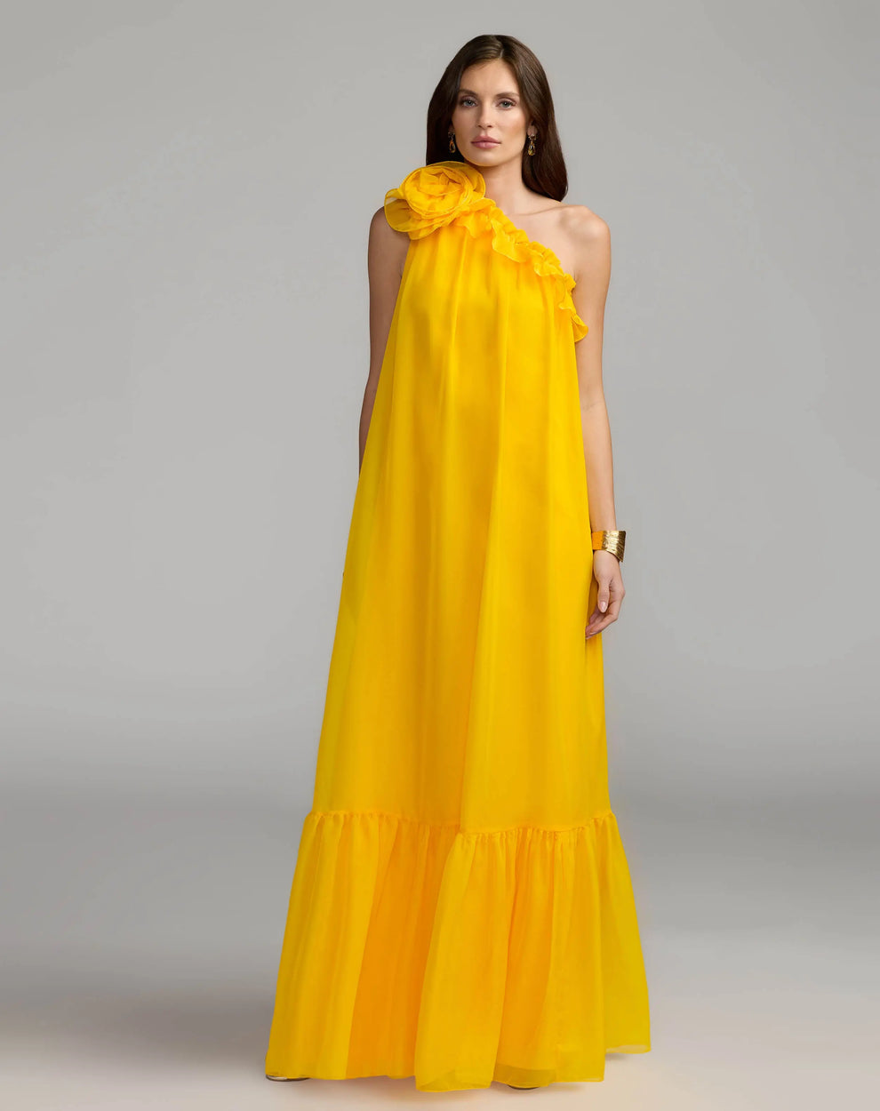 One-Shoulder Floor-Length Chiffon Gown by Mac Duggal 68757 in Sunshine
