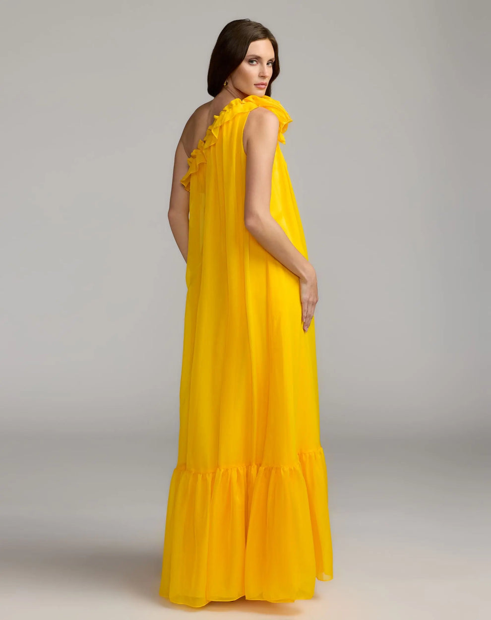 One-Shoulder Floor-Length Chiffon Gown by Mac Duggal 68757 in Sunshine