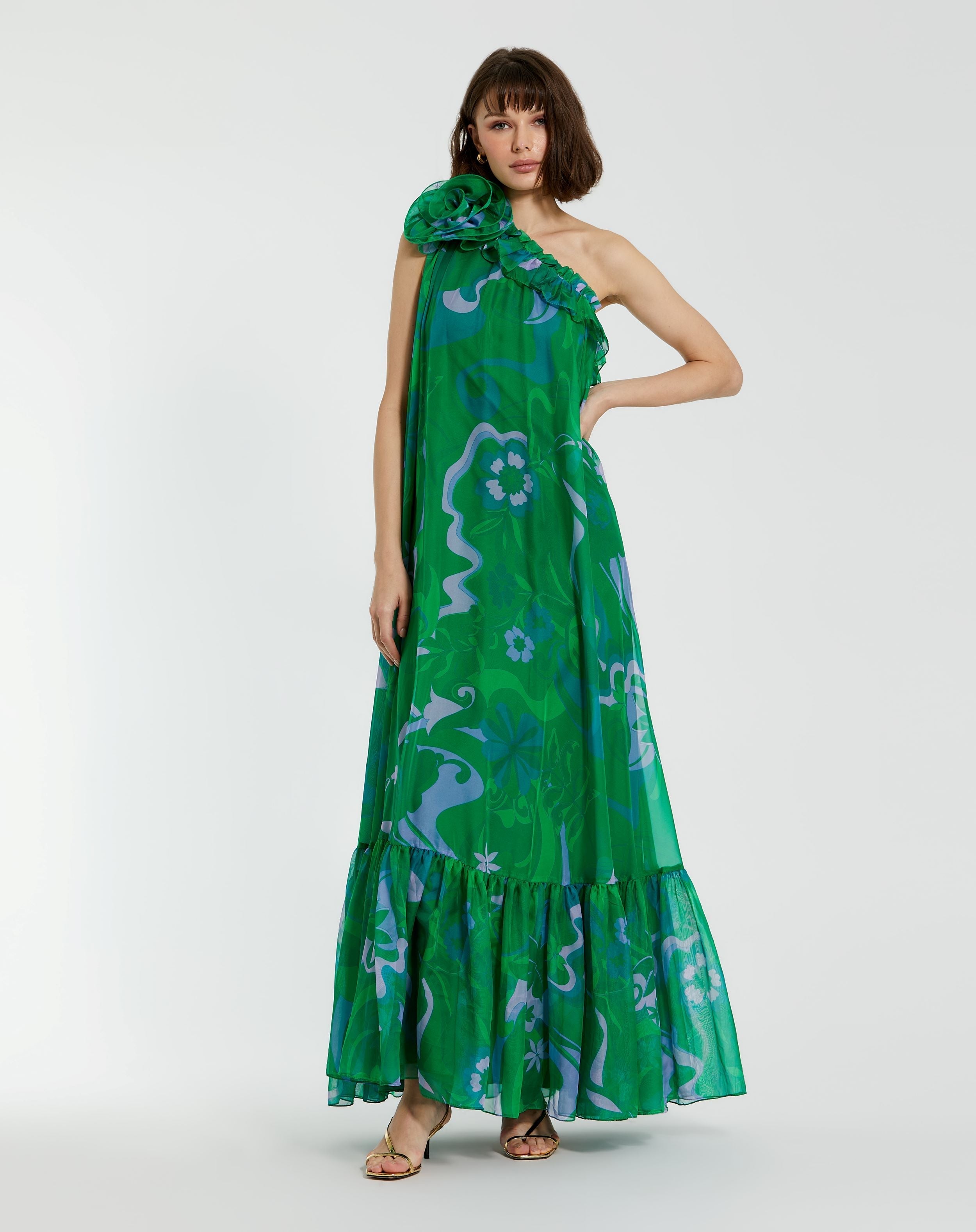 Formal Dresses Long Rose Ruffle Formal Prom Dress Green Multi