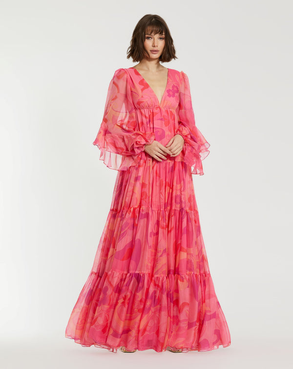 Long Sleeve Printed Formal A Line Dress–Printed Formal A Line Long Sleeve–Mac Duggal 68782