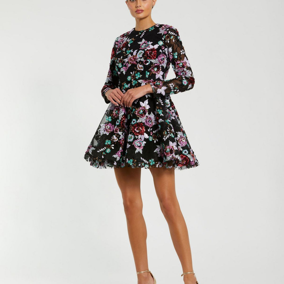 Mac Duggal High Neck Long Sleeve Sequin A-Line Mini Dress - Black Multi
