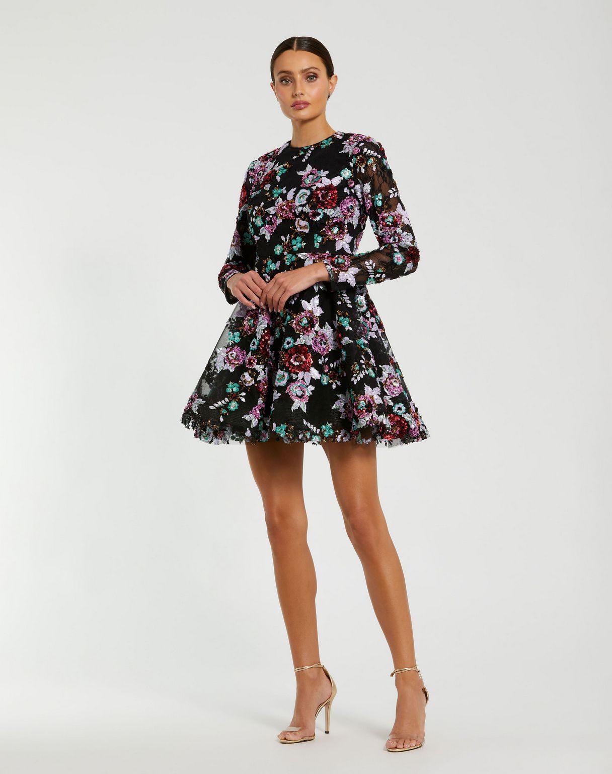 Mac Duggal - Black High Neck Long Sleeve Sequin A Line Mini Dress - US 4 Mac Duggal - Black High Neck Long Sleeve Sequin A Line Mini Dress - US 4
