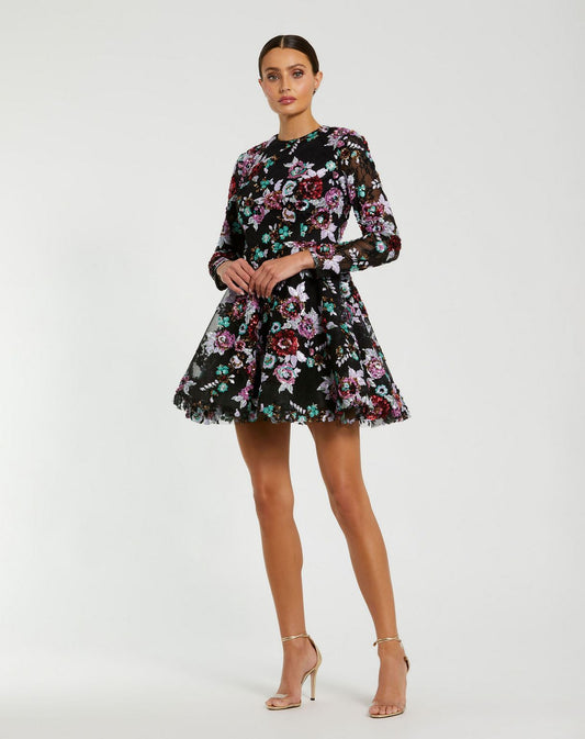 Cocktail Dresses Long Sleeve Sequin Cocktail A Line Mini Dress Black Multi