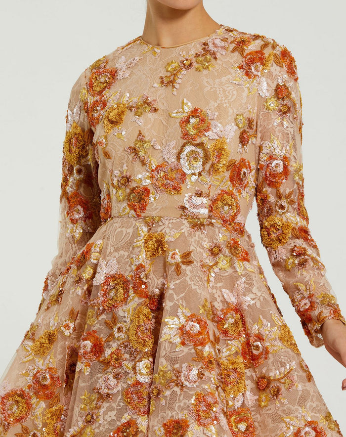 Cocktail Dresses Long Sleeve Sequin Cocktail A Line Mini Dress Nude Multi