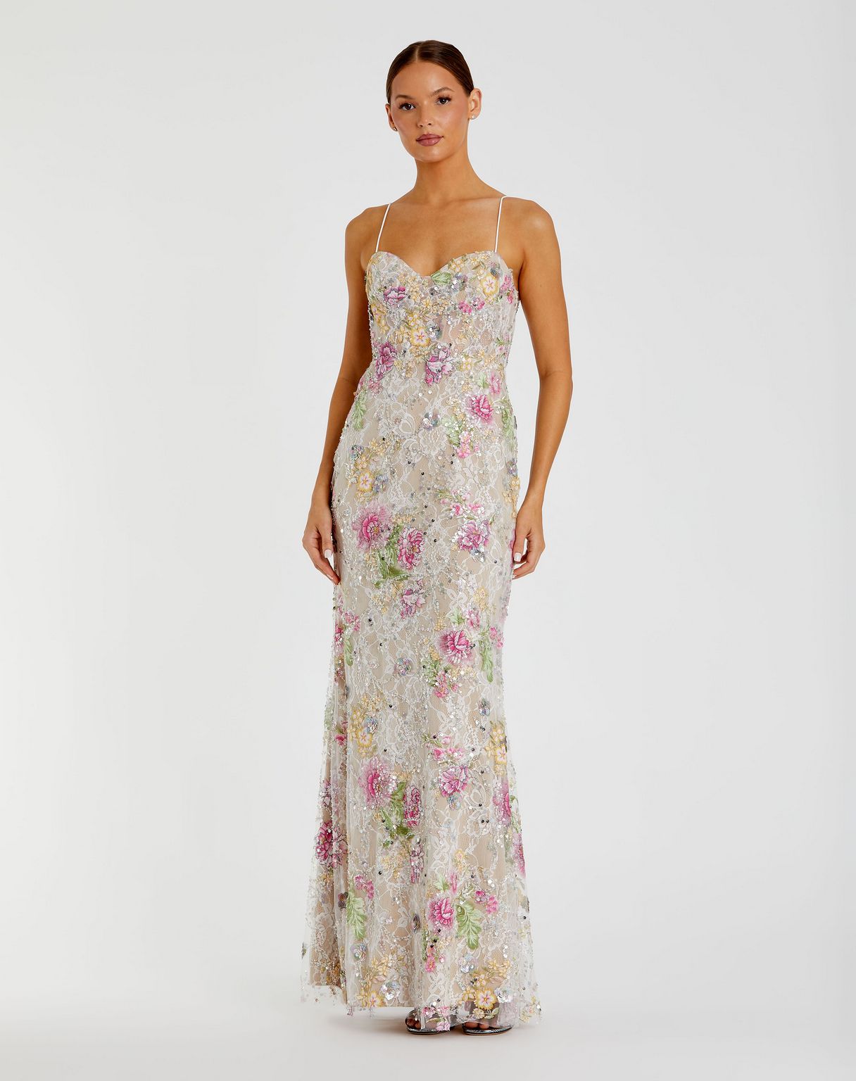 Mac Duggal - Ivory Embellished Bustier Floral Trumpet Gown - US 4 Mac Duggal - Ivory Embellished Bustier Floral Trumpet Gown - US 4
