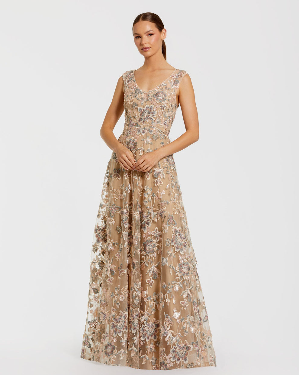 Formal Dresses A Line Long Formal Floral Evening Dress Mac Duggal 68907 Taupe