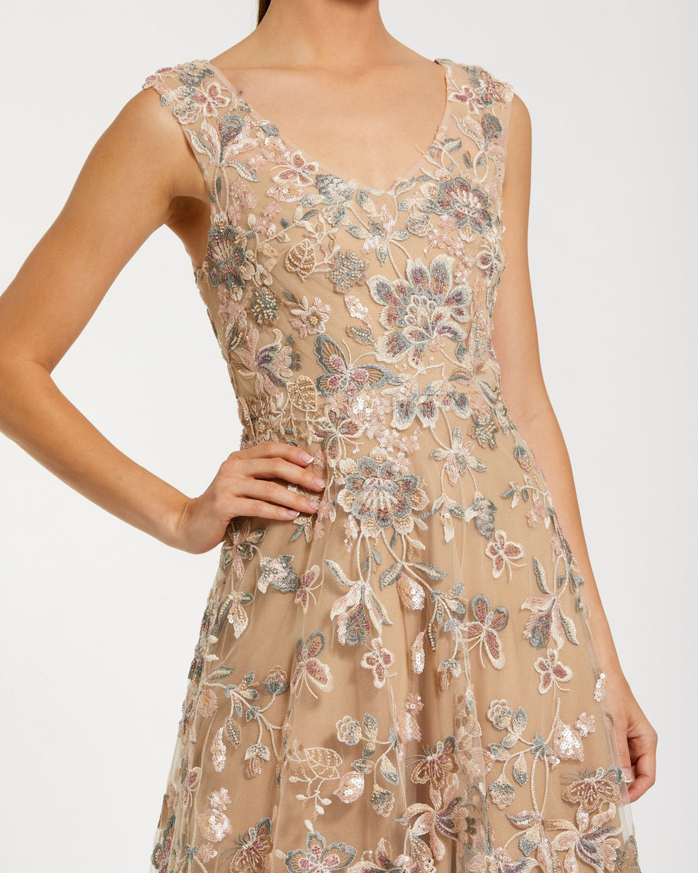 Formal Dresses A Line Long Formal Floral Evening Dress Mac Duggal 68907 Taupe