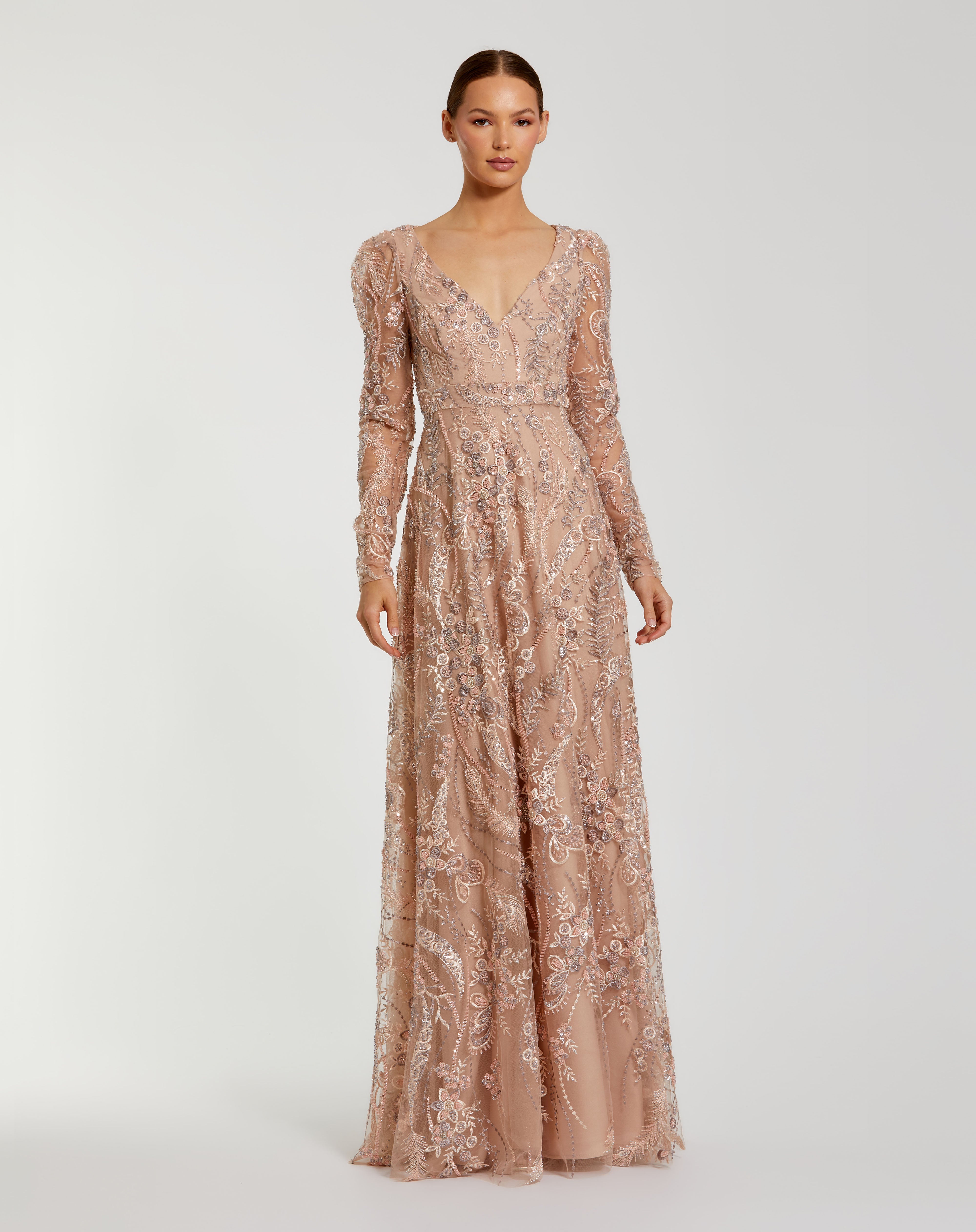 Mother of the Bride Dresses Beaded Long Sleeve Sequin Long Formal Mother of the Bride Dress Mac Duggal 68908 Taupe