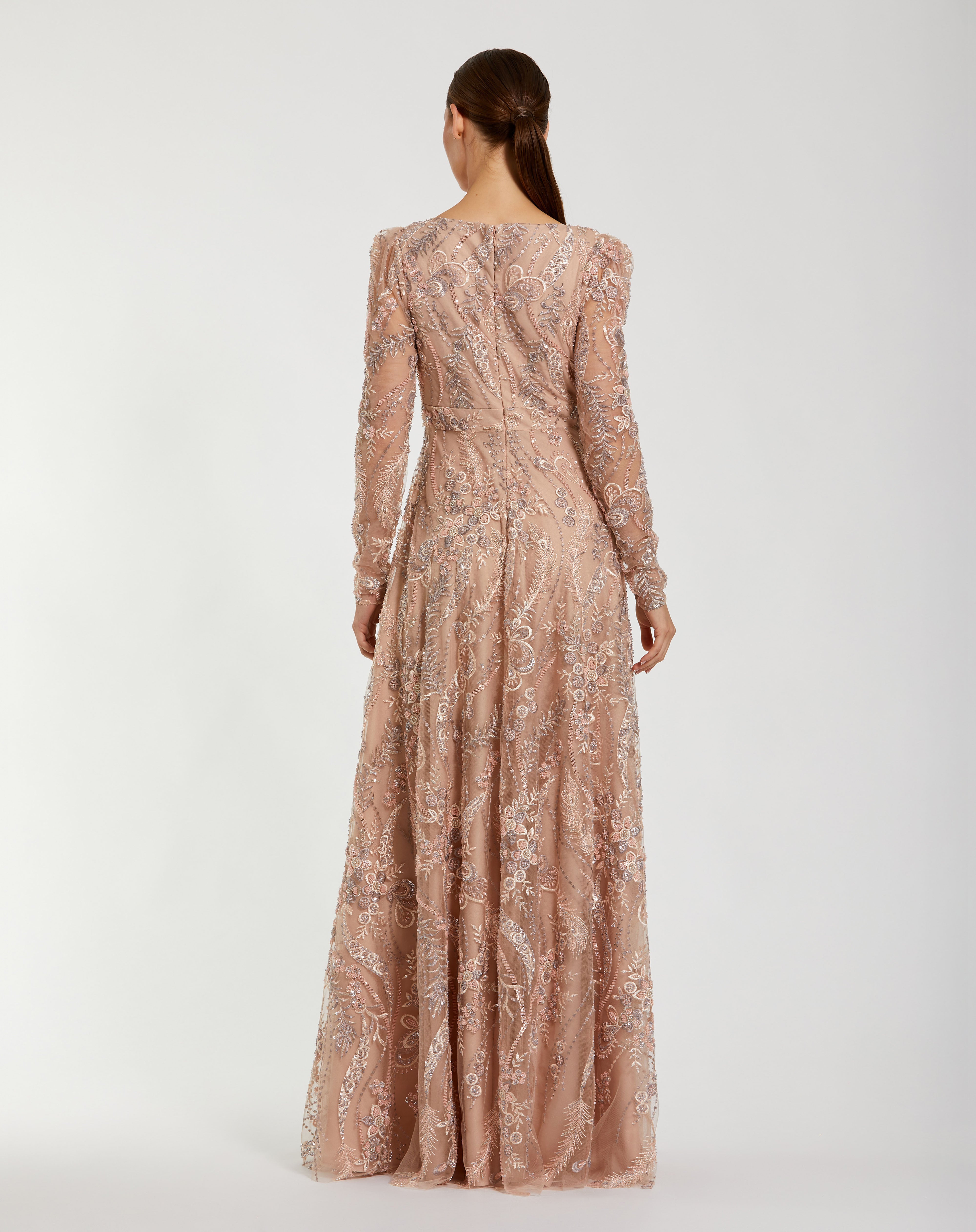 Mother of the Bride Dresses Beaded Long Sleeve Sequin Long Formal Mother of the Bride Dress Mac Duggal 68908 Taupe
