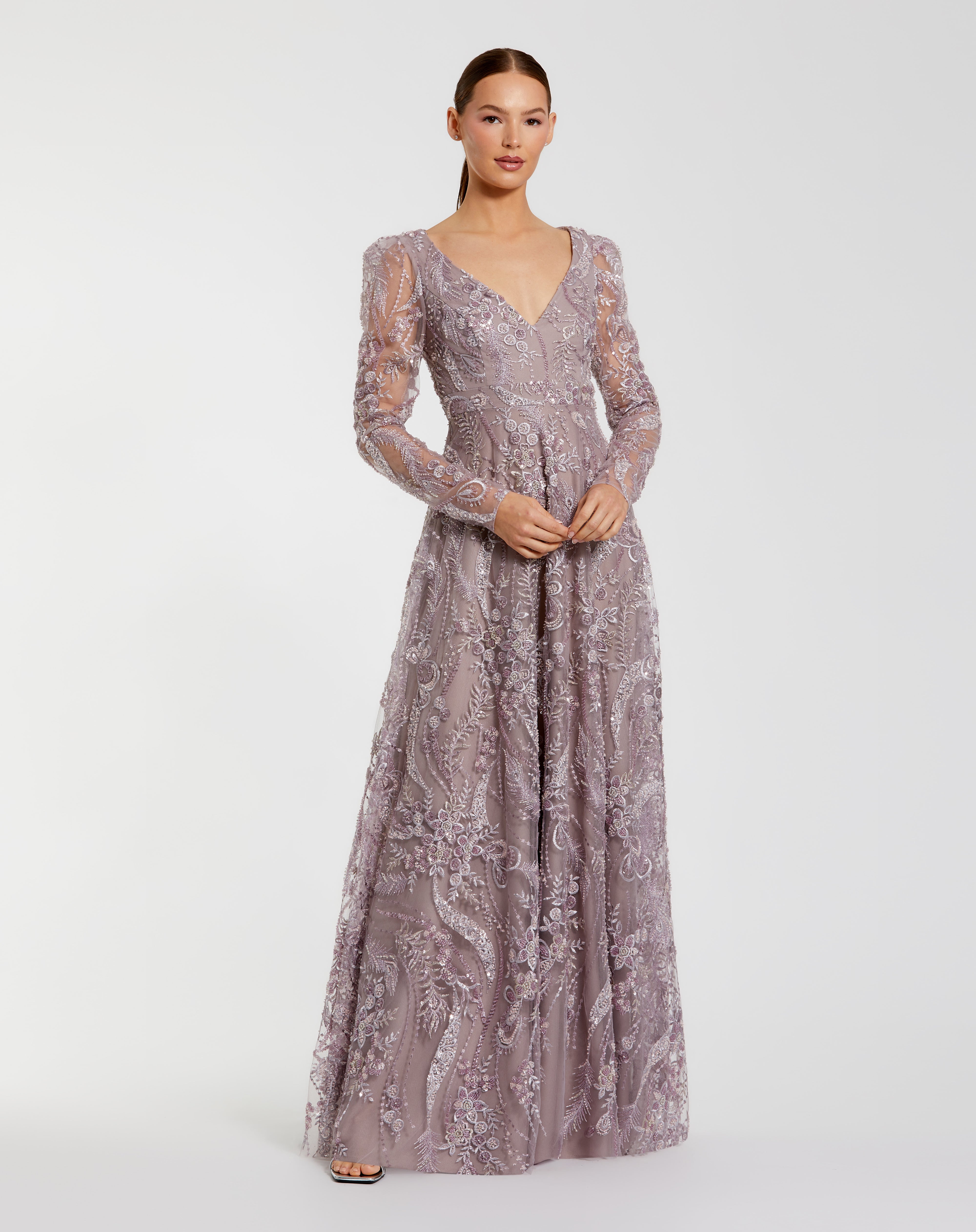 Mother of the Bride Dresses Beaded Long Sleeve Sequin Long Formal Mother of the Bride Dress Mac Duggal 68908 Vintage Lilac