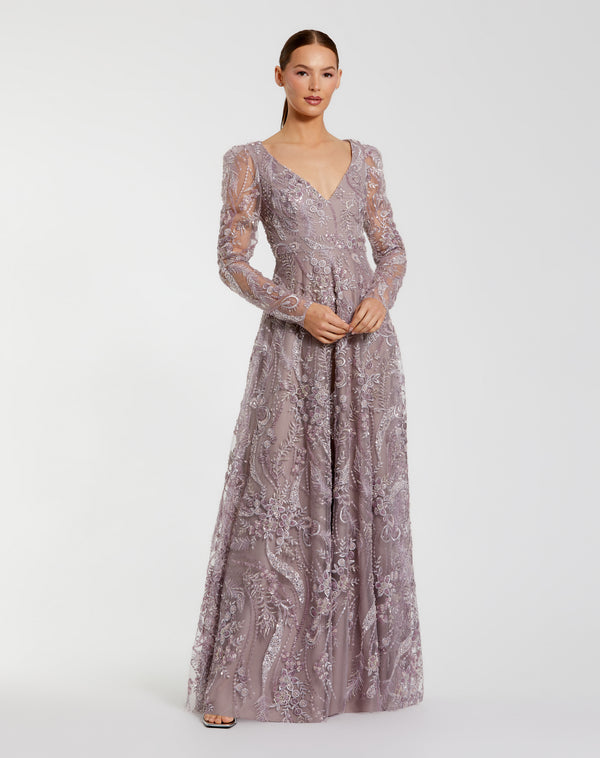 Beaded Long Sleeve Sequin Long Formal Mother of the Bride Dress Mac Duggal 68908