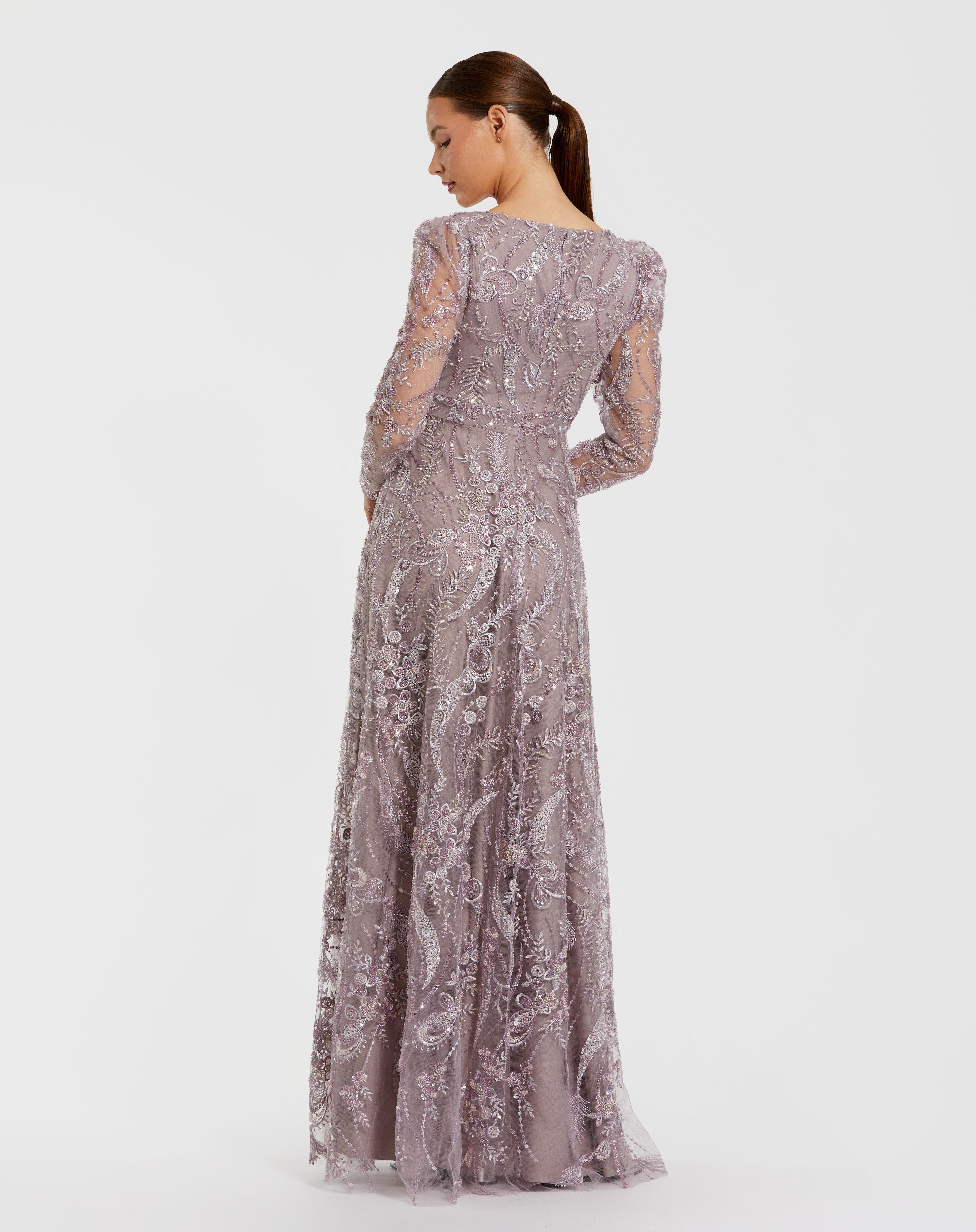 Mother of the Bride Dresses Beaded Long Sleeve Sequin Long Formal Mother of the Bride Dress Mac Duggal 68908 Vintage Lilac