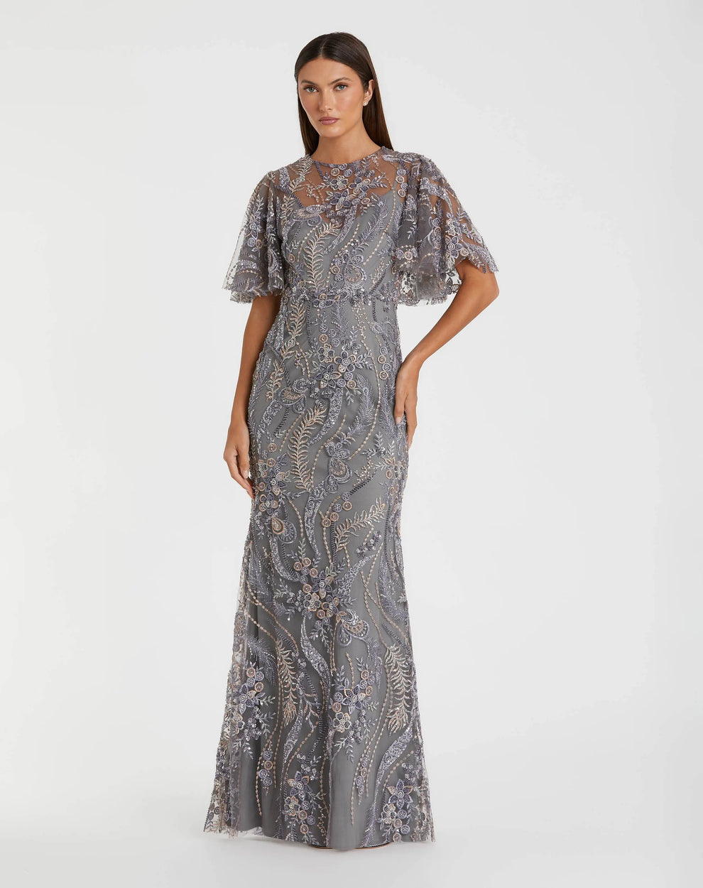 Charcoal High-Neck Floor-Length Lace Mother of the Bride Dress with Flutter Sleeves Mac Duggal 68918
