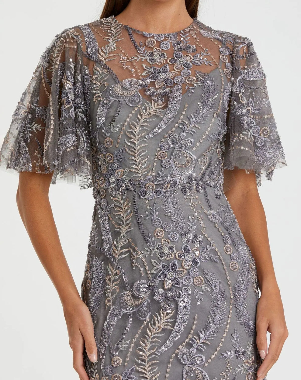Charcoal High-Neck Floor-Length Lace Mother of the Bride Dress with Flutter Sleeves Mac Duggal 68918