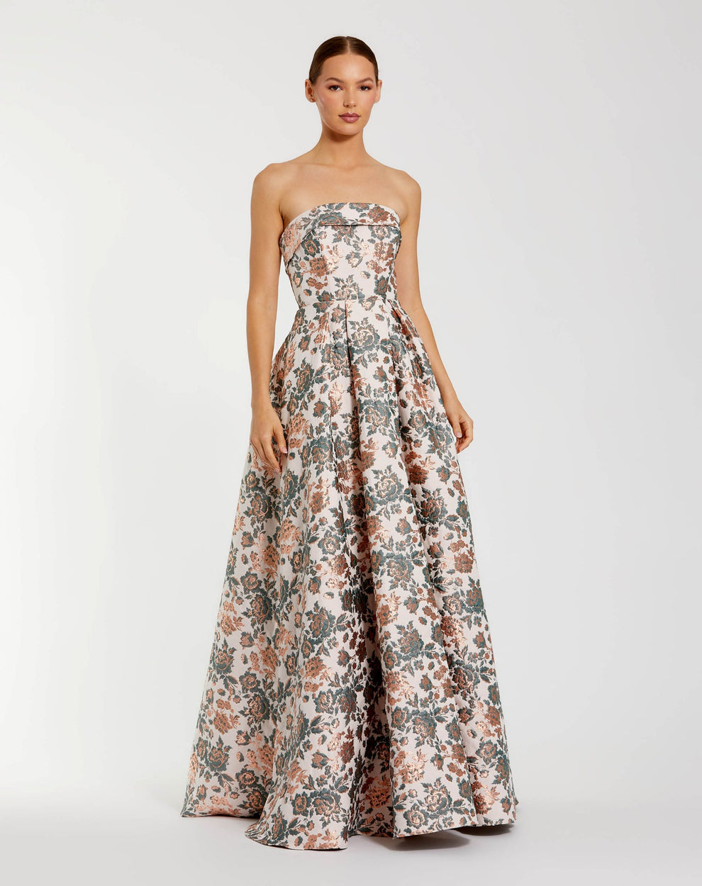 Gold Multi Strapless Floor-Length Floral Jacquard Formal Ball Gown Mac Duggal 68945