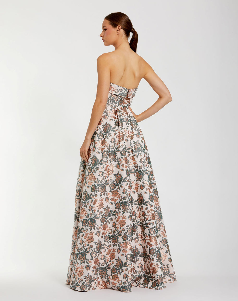 Gold Multi Strapless Floor-Length Floral Jacquard Formal Ball Gown Mac Duggal 68945