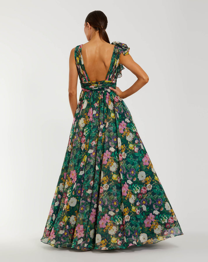 Prom Dresses Formal Long Ruffle Prom Print Dress  Deep Green Multi
