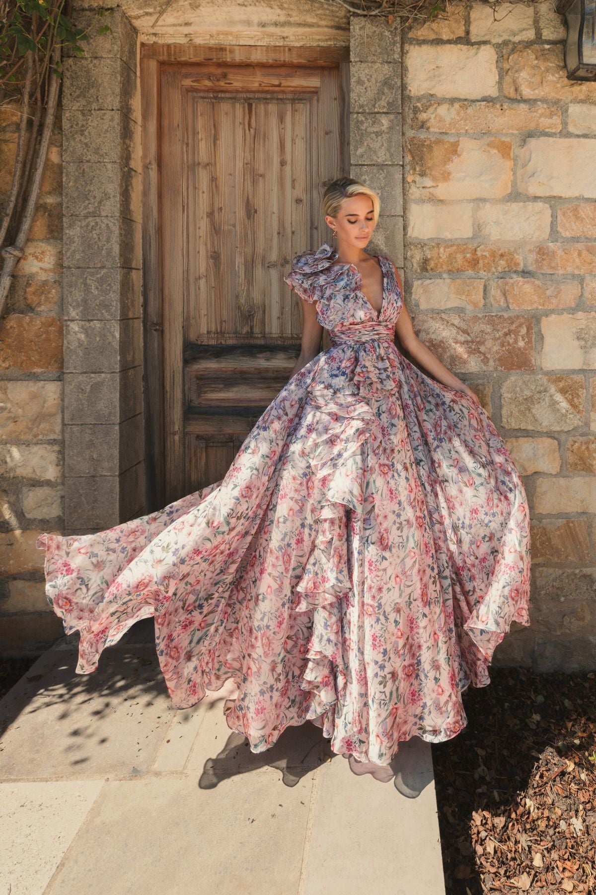 Mac Duggal 68947 Formal Long Ruffle Prom Print Dress