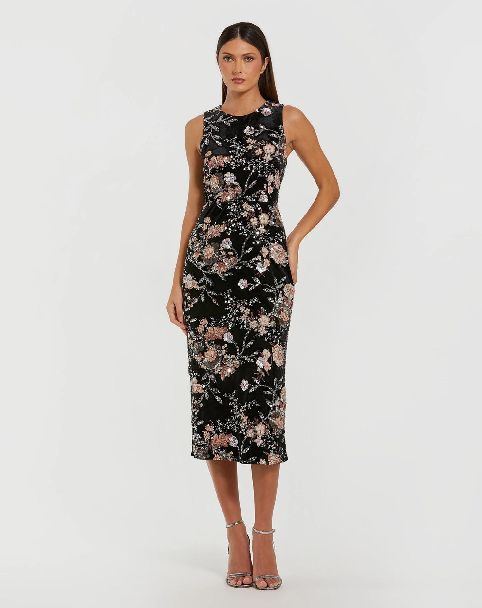 Cocktail Dress Sequin Midi Floral Beaded Cocktail Dress Black Multi