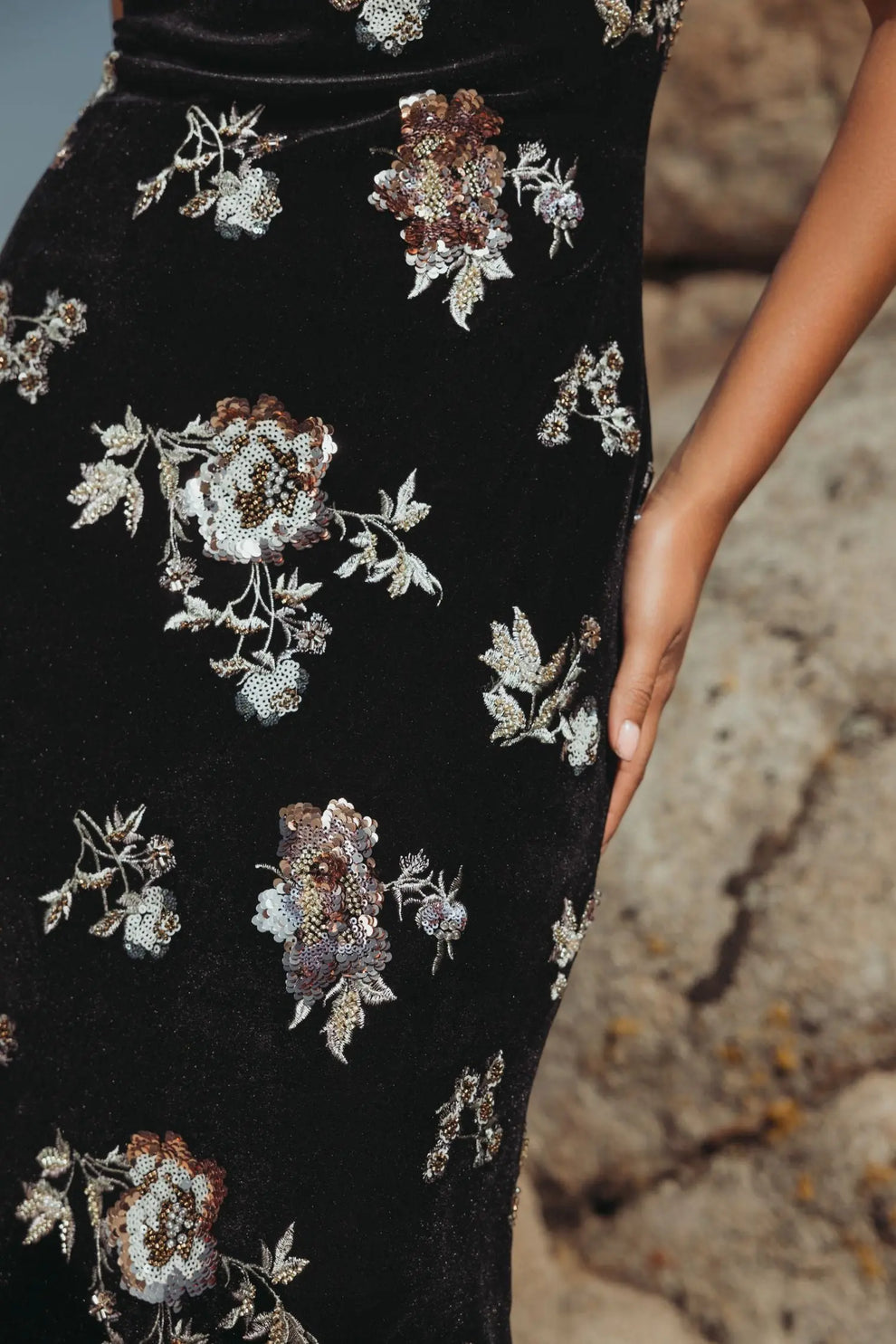 Formal Dresses Long Formal Velvet Floral Evening Dress Black Multi