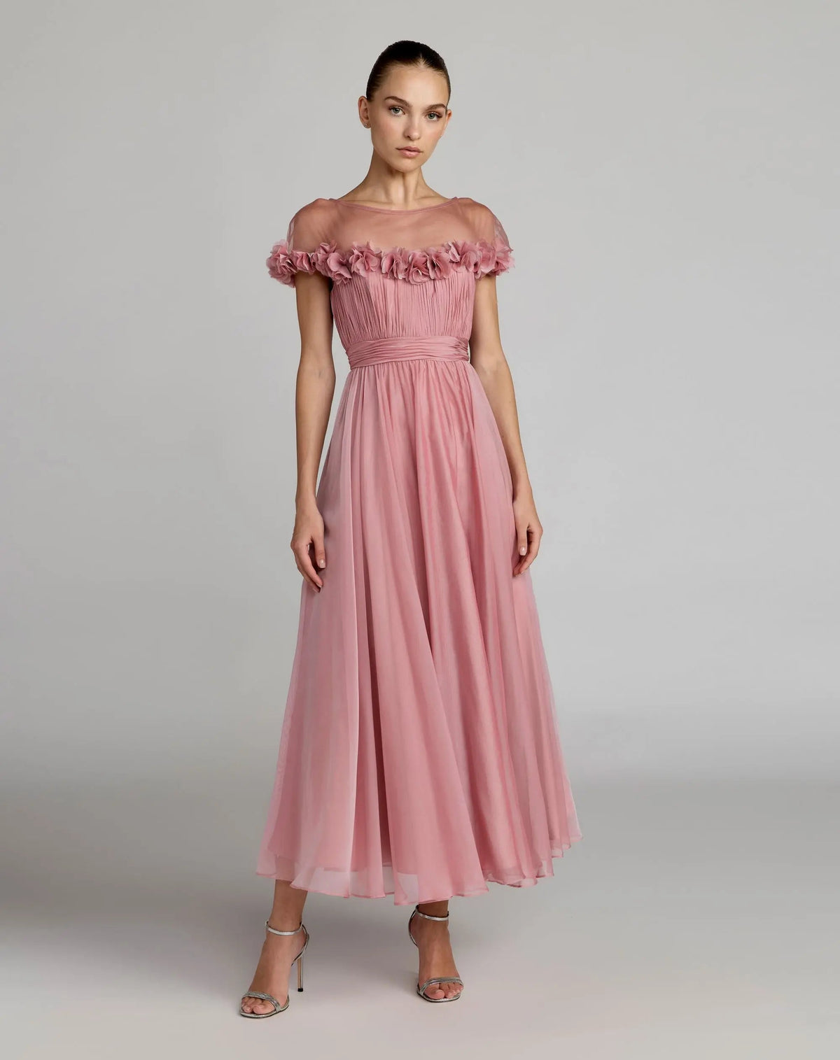 A Line Pleated 3D Floral Short Cocktail Dress Mac Duggal 68966 Rose Gold front view