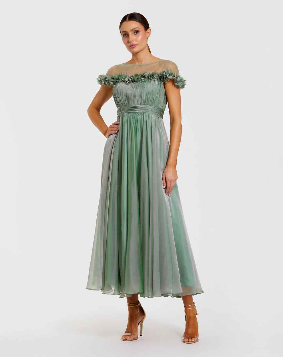Cocktail Dresses A Line Pleated 3D Floral Short Cocktail Dress Mac Duggal 68966 Sage