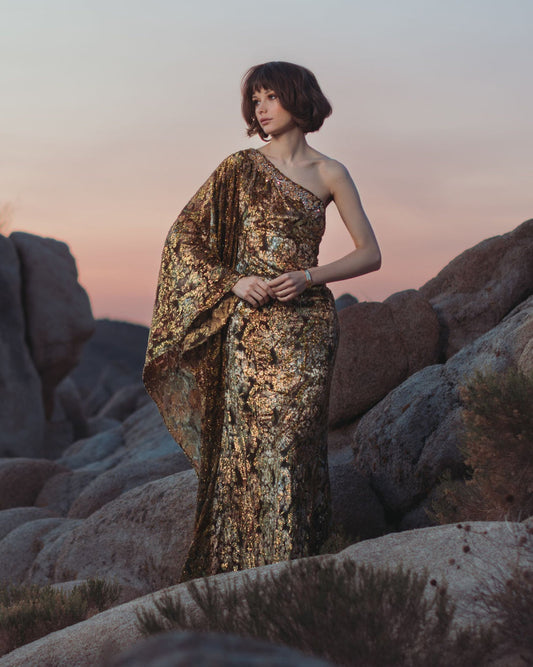 Formal Dresses Metallic Long Velvet Formal Evening Dress Gold Multi