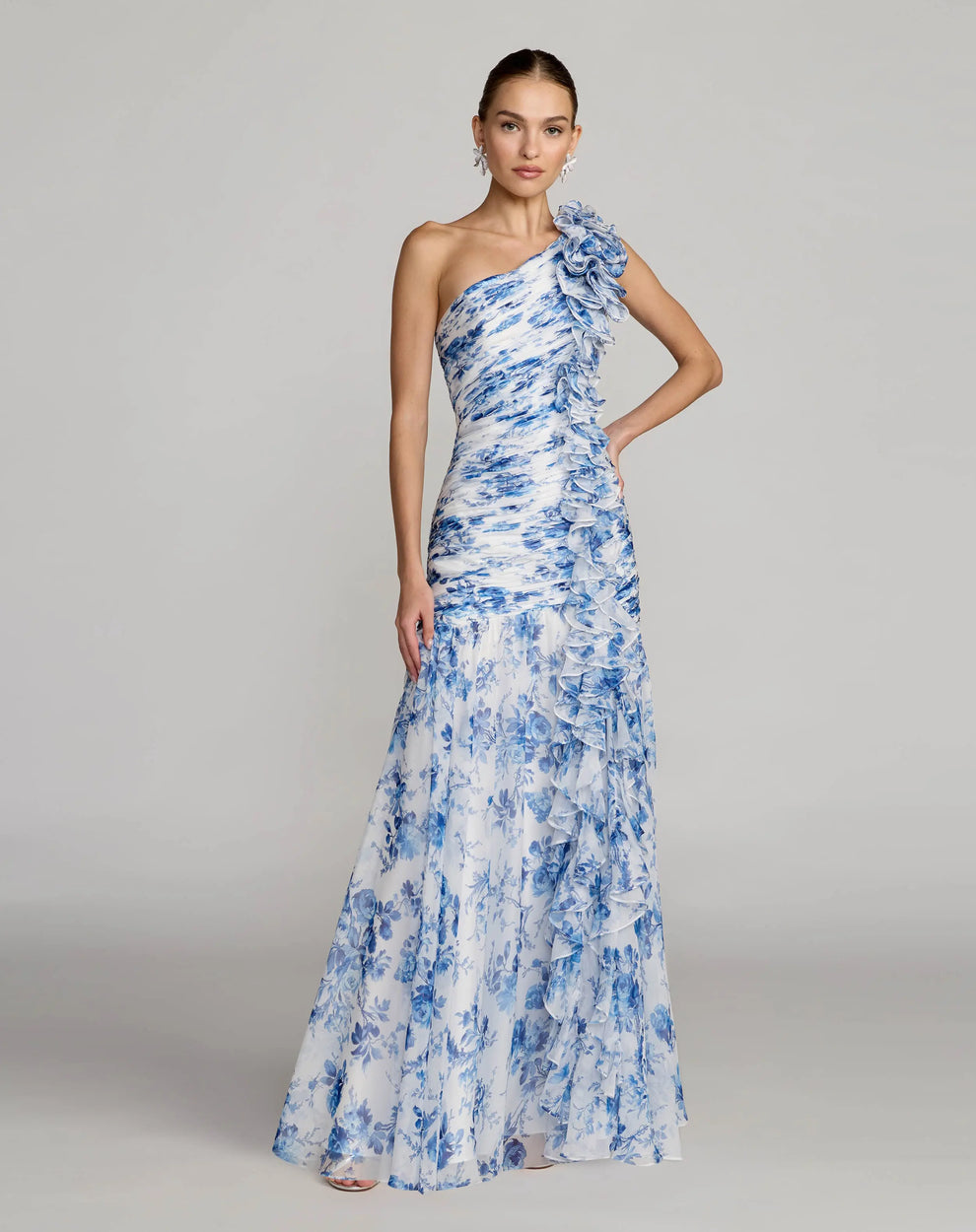 Formal Dresses Long 3D Ruffle Floral Print Formal Dress Mac Duggal 68992 Blue Multi