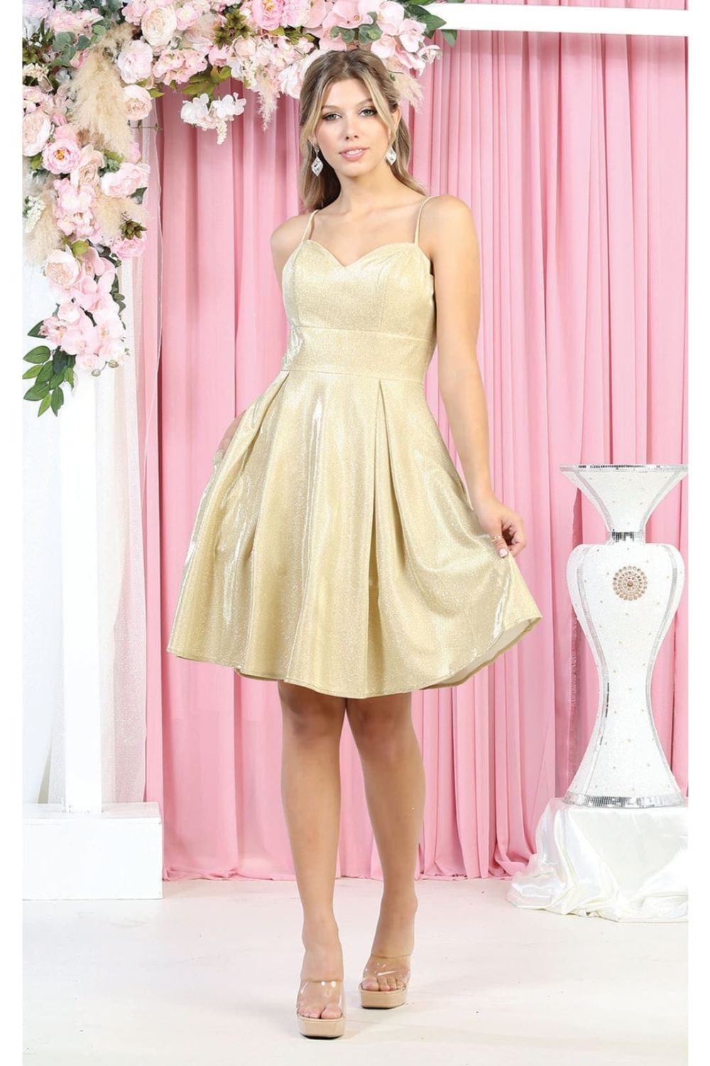 Gold Sweetheart Short Metallic Homecoming Dress Corset May Queen MQ1791