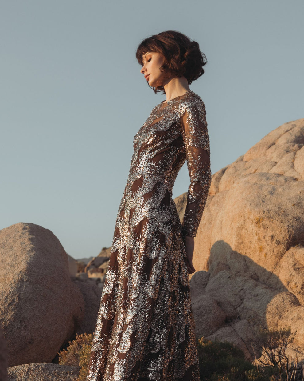 Mother of the Bride Dress Long Formal Floral Sequin Mother of the Bride Dress Bronze