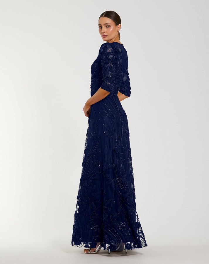 Mac Duggal Embellished Lace Gown with Sleeves - Navy Mac Duggal Embellished Lace Gown with Sleeves - Navy