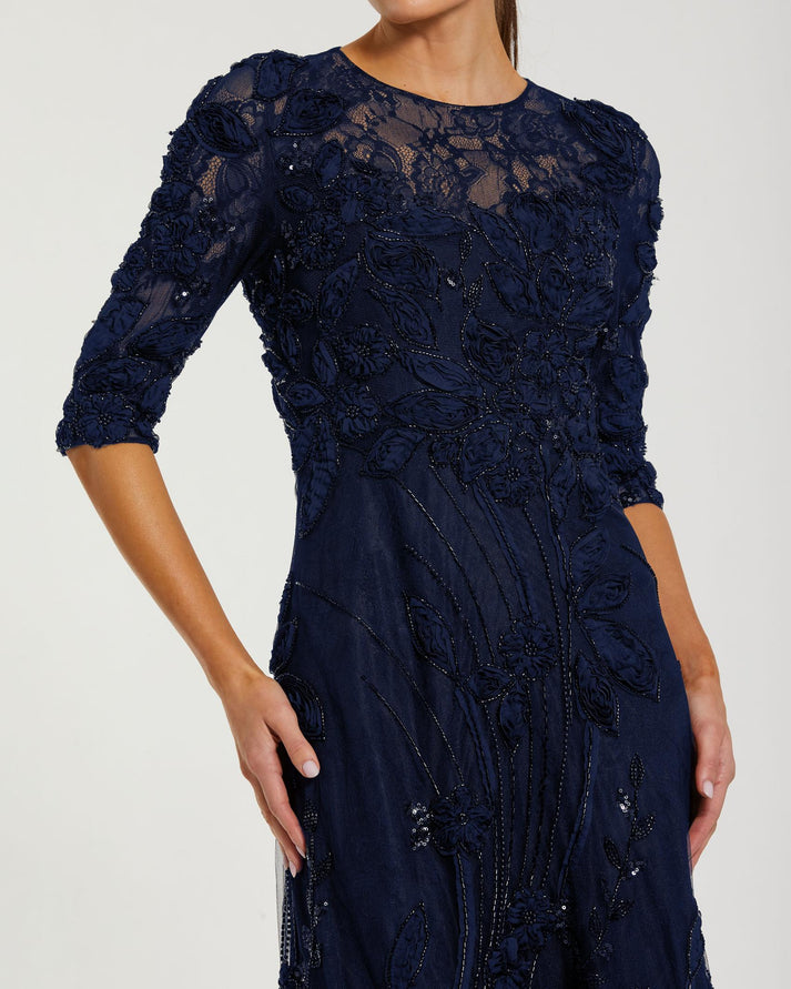 knee length dresses for ladies Mac Duggal Embellished Lace Gown with Sleeves