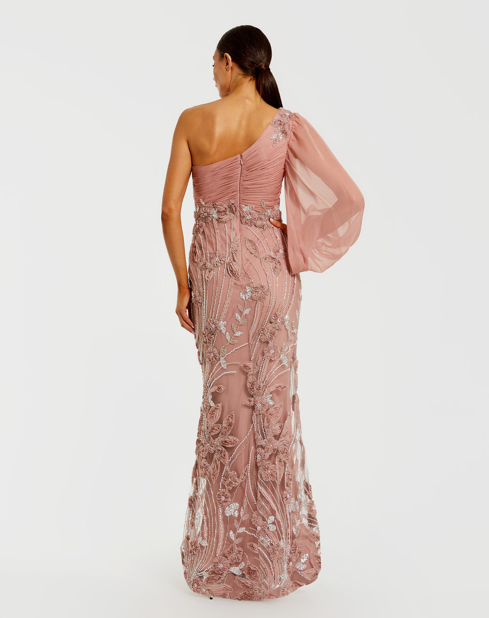 Formal Dresses Long Formal Sequin Floral Applique Evening Dress Mac Duggal 69019 Mocha