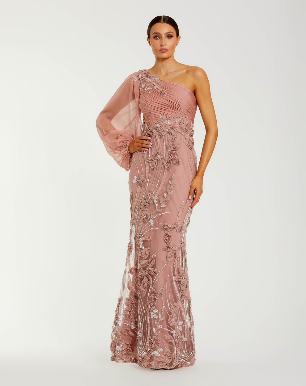 Formal Dresses Long Formal Sequin Floral Applique Evening Dress Mac Duggal 69019 Mocha