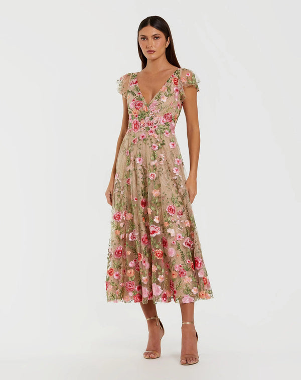 V-Neck Tea-Length Embroidered Floral Cocktail Dress by Mac Duggal 69024