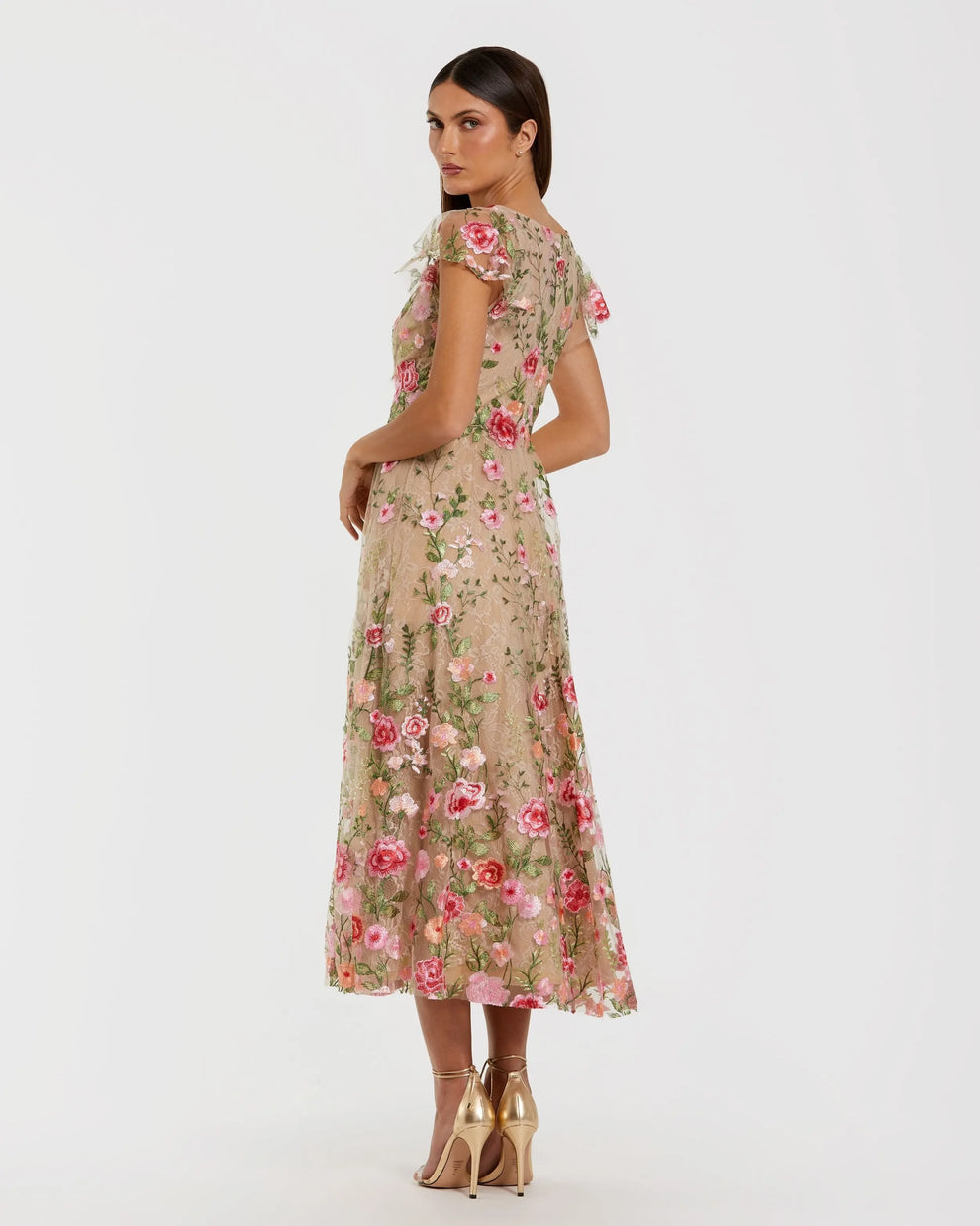 V-Neck Tea-Length Embroidered Floral Cocktail Dress by Mac Duggal 69024 in Nude Multi