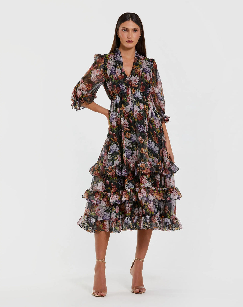 Cocktail Dresses Ruffle Midi Floral Cocktail Dress Black Multi
