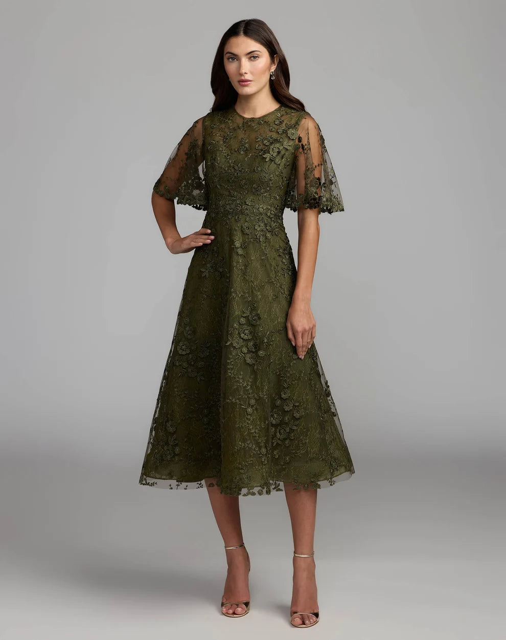 Olive Crew Neck Midi Mesh Cocktail Flutter Sleeve Dress Mac Duggal 9969036P