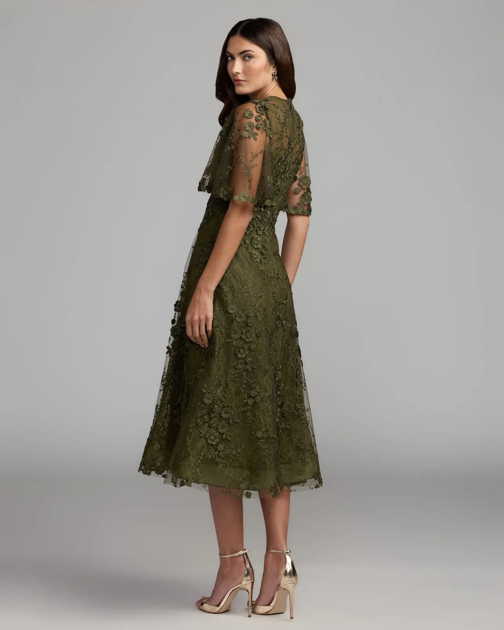Olive Crew Neck Midi Mesh Cocktail Flutter Sleeve Dress Mac Duggal 9969036P