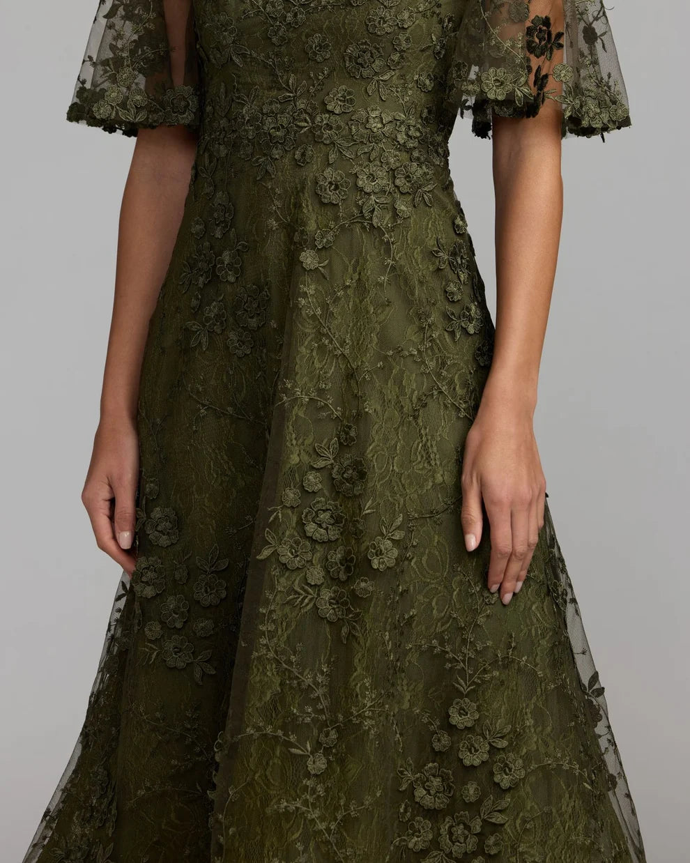 Olive Crew Neck Midi Mesh Cocktail Flutter Sleeve Dress Mac Duggal 9969036P