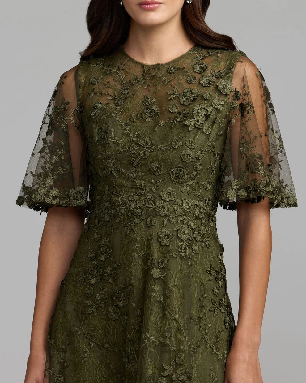 Olive Crew Neck Midi Mesh Cocktail Flutter Sleeve Dress Mac Duggal 9969036P