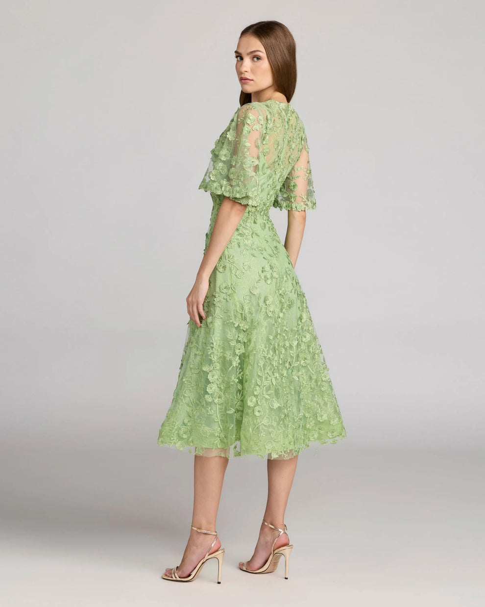 Sage Crew Neck Midi Mesh Cocktail Flutter Sleeve Dress Mac Duggal 9969036P