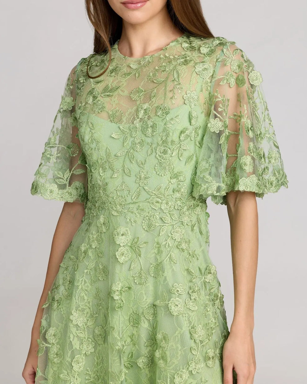 Sage Crew Neck Midi Mesh Cocktail Flutter Sleeve Dress Mac Duggal 9969036P