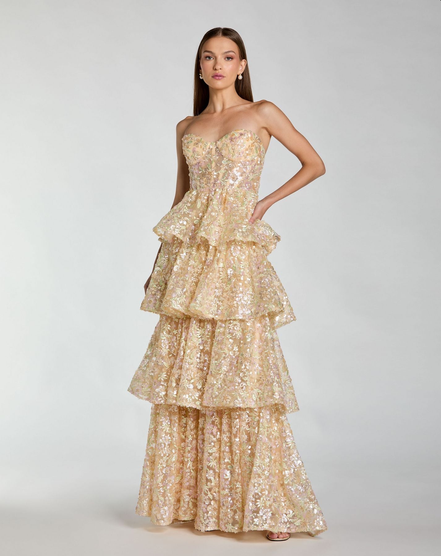 Prom Dresses Long Ruffle Formal A Line Prom Dress - Sequin - Mac Duggal 69044 Nude Multi-Mesh-69044-Tiered