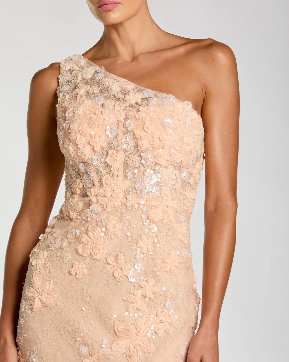 One Shoulder Long Lace Formal Gown by Mac Duggal 69052 in Peach