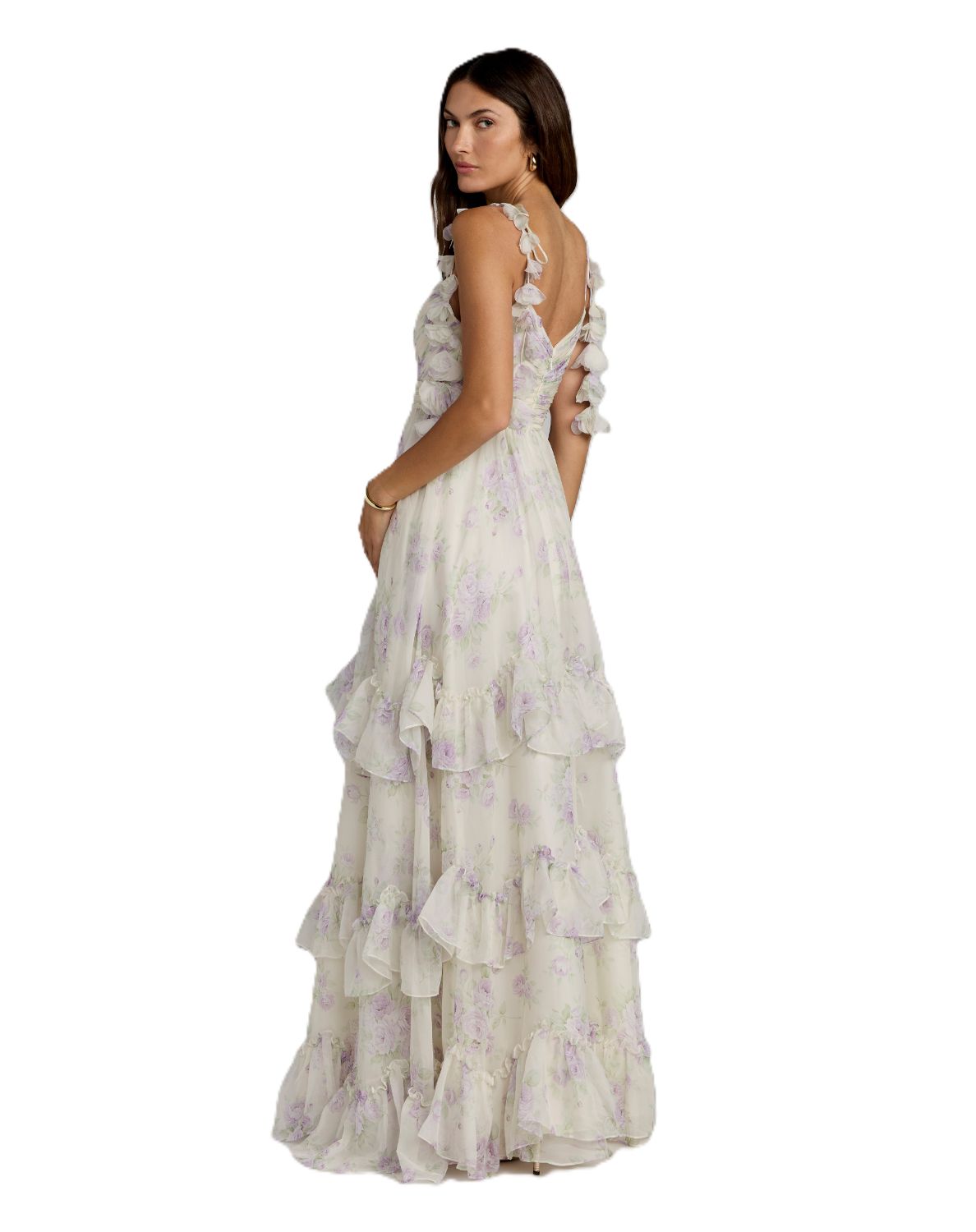 Ivory Multi Sweetheart Floor-Length Chiffon Formal Tiered Dress with Floral Straps Mac Duggal 69061