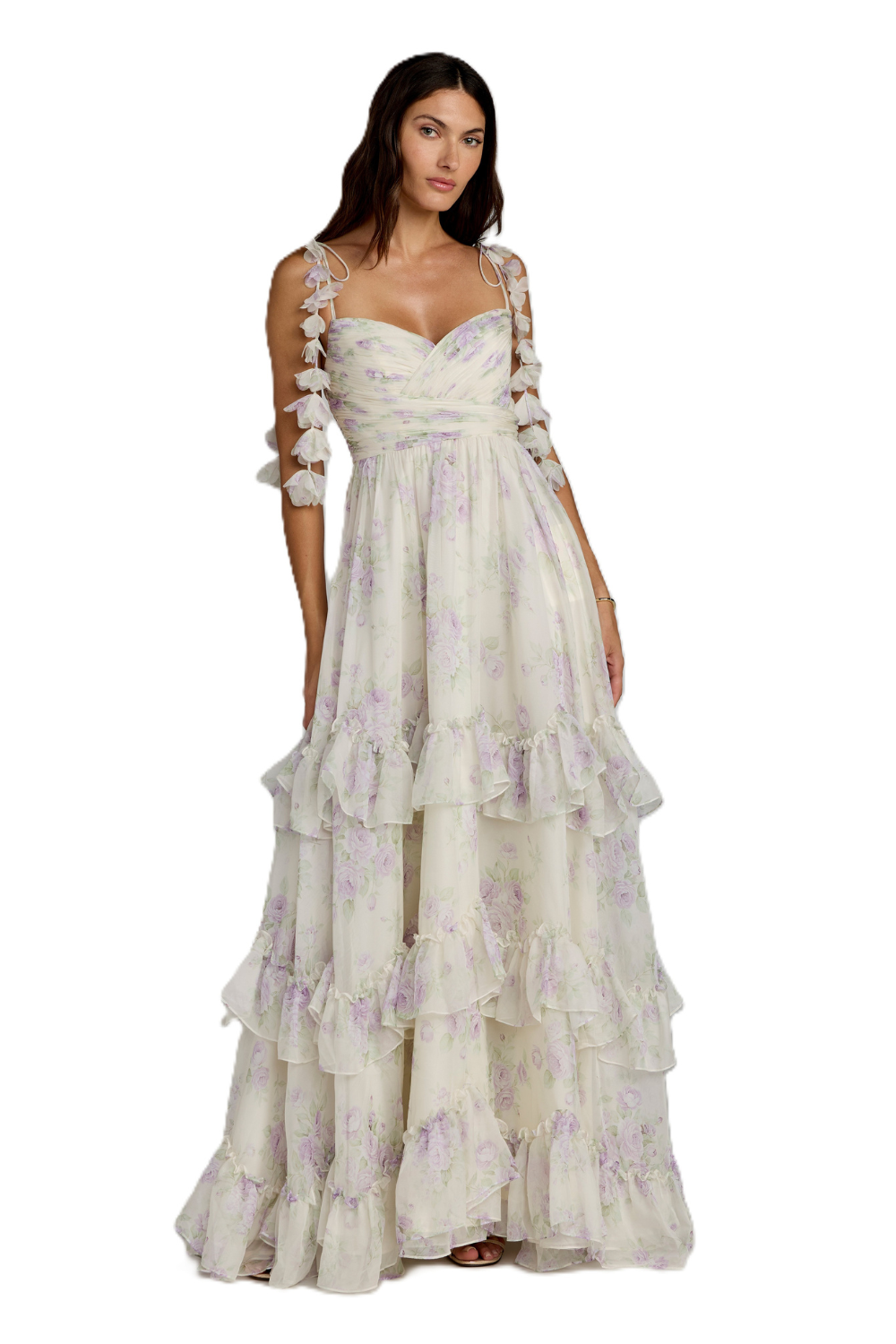 Ivory Multi Sweetheart Floor-Length Chiffon Formal Tiered Dress with Floral Straps Mac Duggal 69061