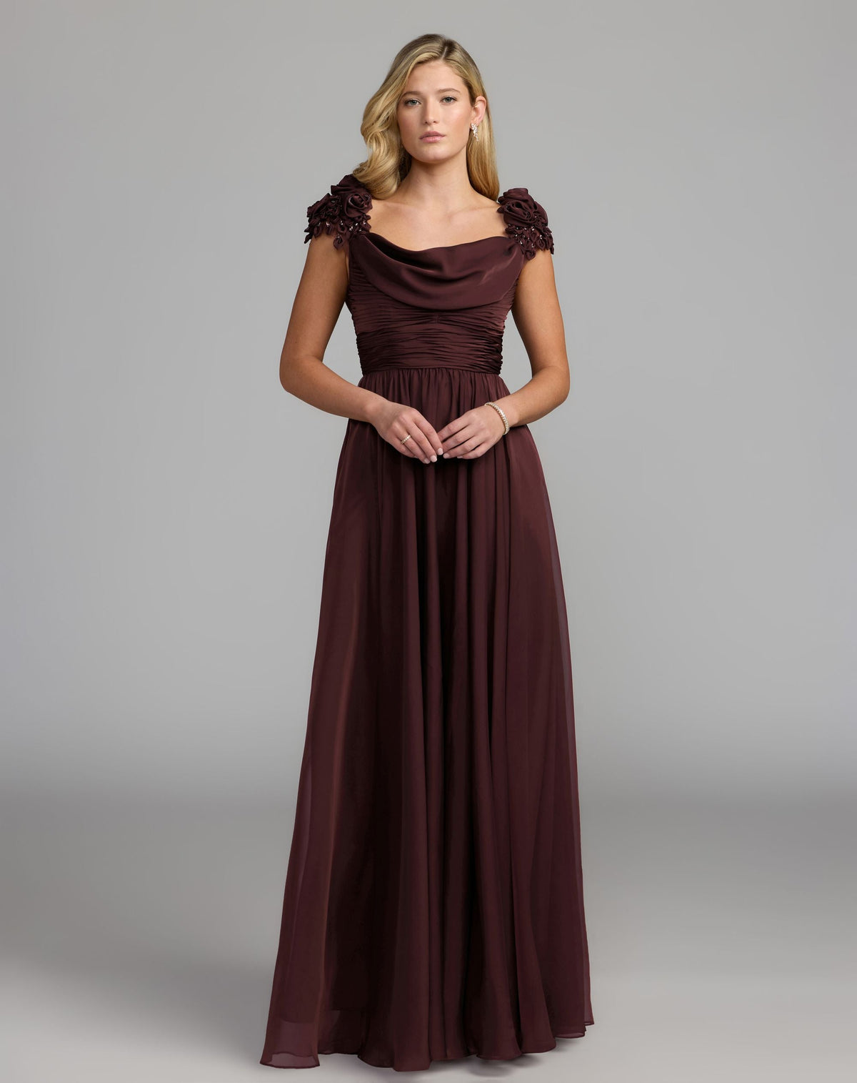 Cowl Floor-Length Chiffon Evening A-Line Mac Duggal 69088 Amethyst front view