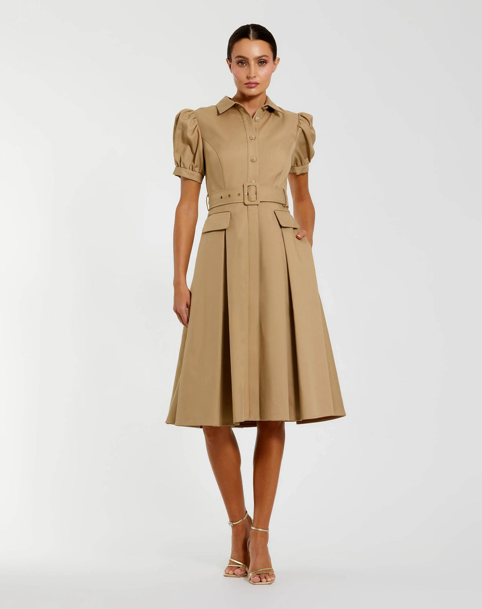 Cocktail Dresses Midi A Line Short Pleated Cocktail Dress Mac Duggal 69097 Taupe