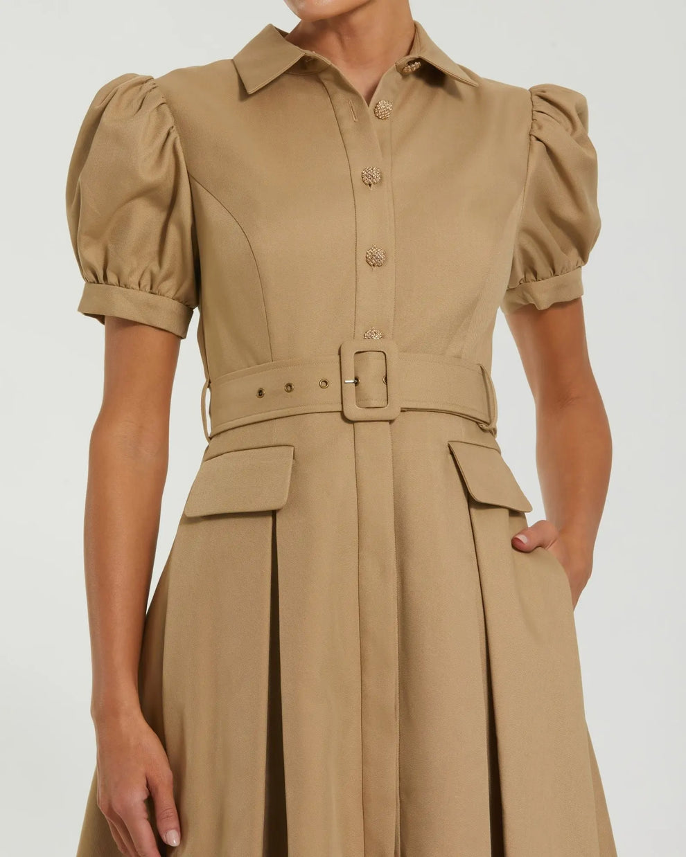 Cocktail Dresses Midi A Line Short Pleated Cocktail Dress Mac Duggal 69097 Taupe